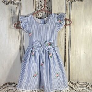 Blue Searsucker Striped Kids Dress with Floral Embroidery and Attached Petticoat